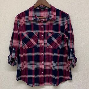 Sanctuary Linen Blend Plaid Button Up Top - Small Petite